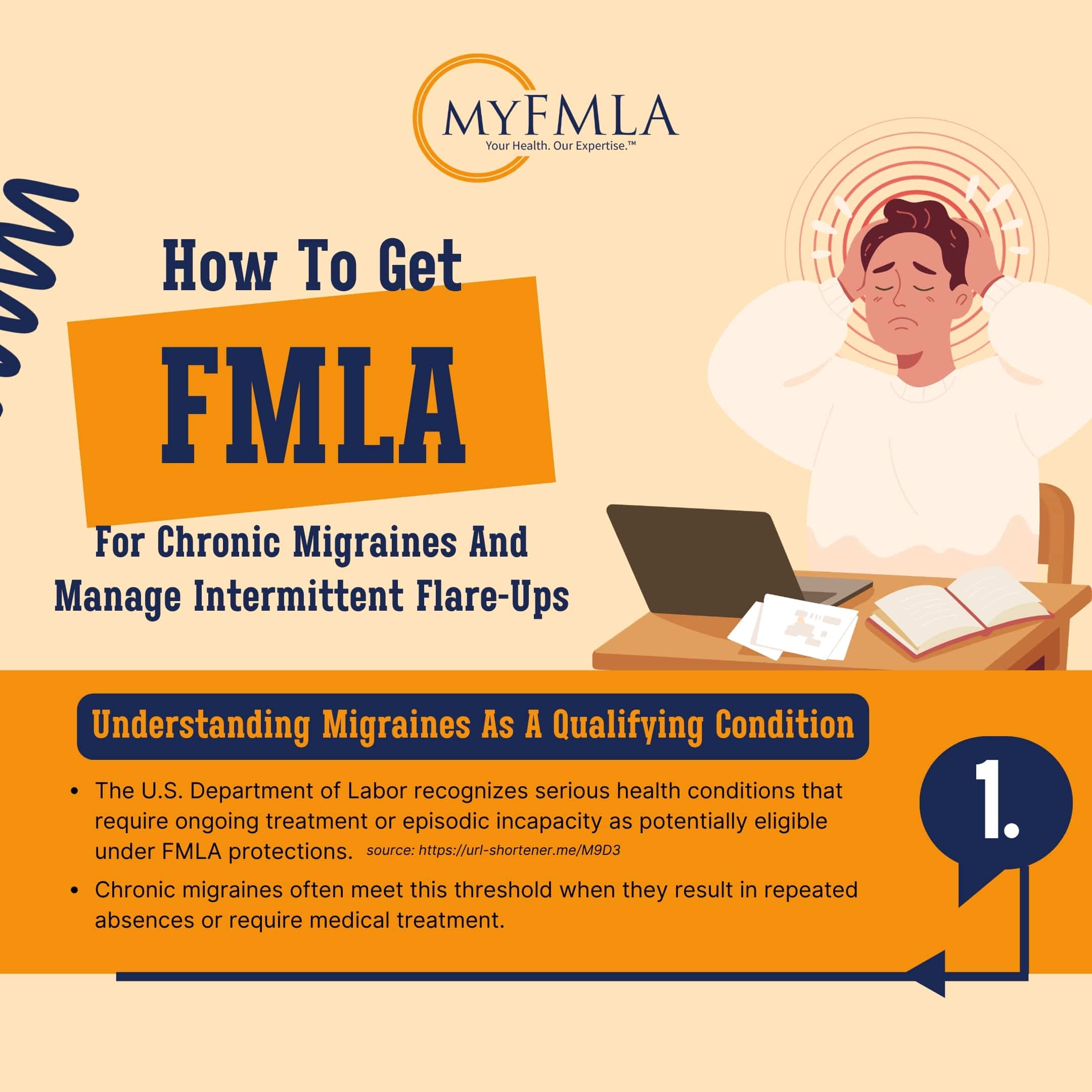 Person holding head in pain at a desk with a laptop, illustrating how to get FMLA for chronic migraines.