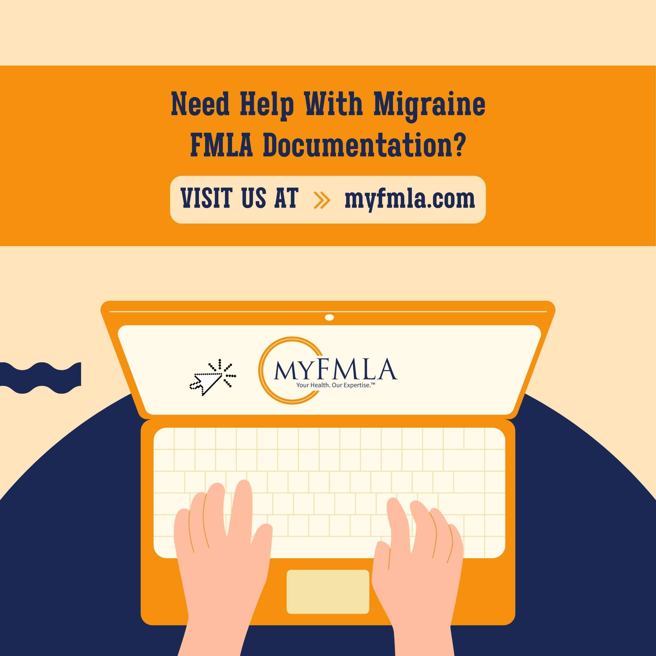 Laptop showing the MyFmla website for help with migraine Fmla documentation.